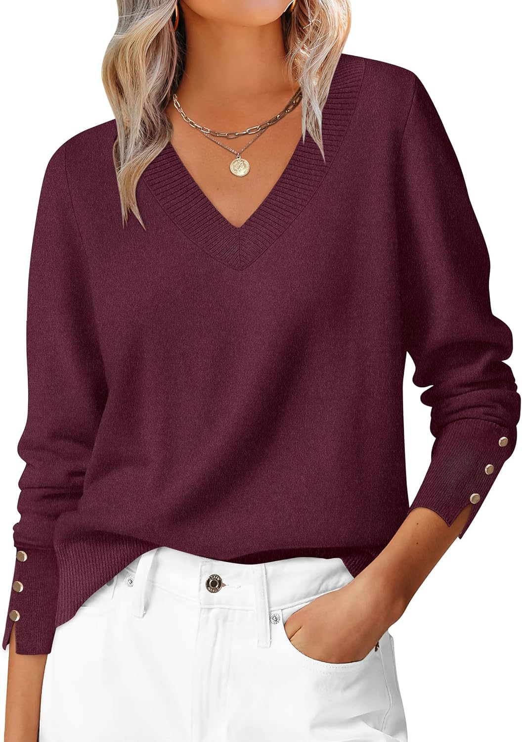 ANRABESS Sweaters for Women Long Sleeve V Neck Shirts Business Casual Work Blouses 2025 Fall Loose Knit Pullover Sweater Tops