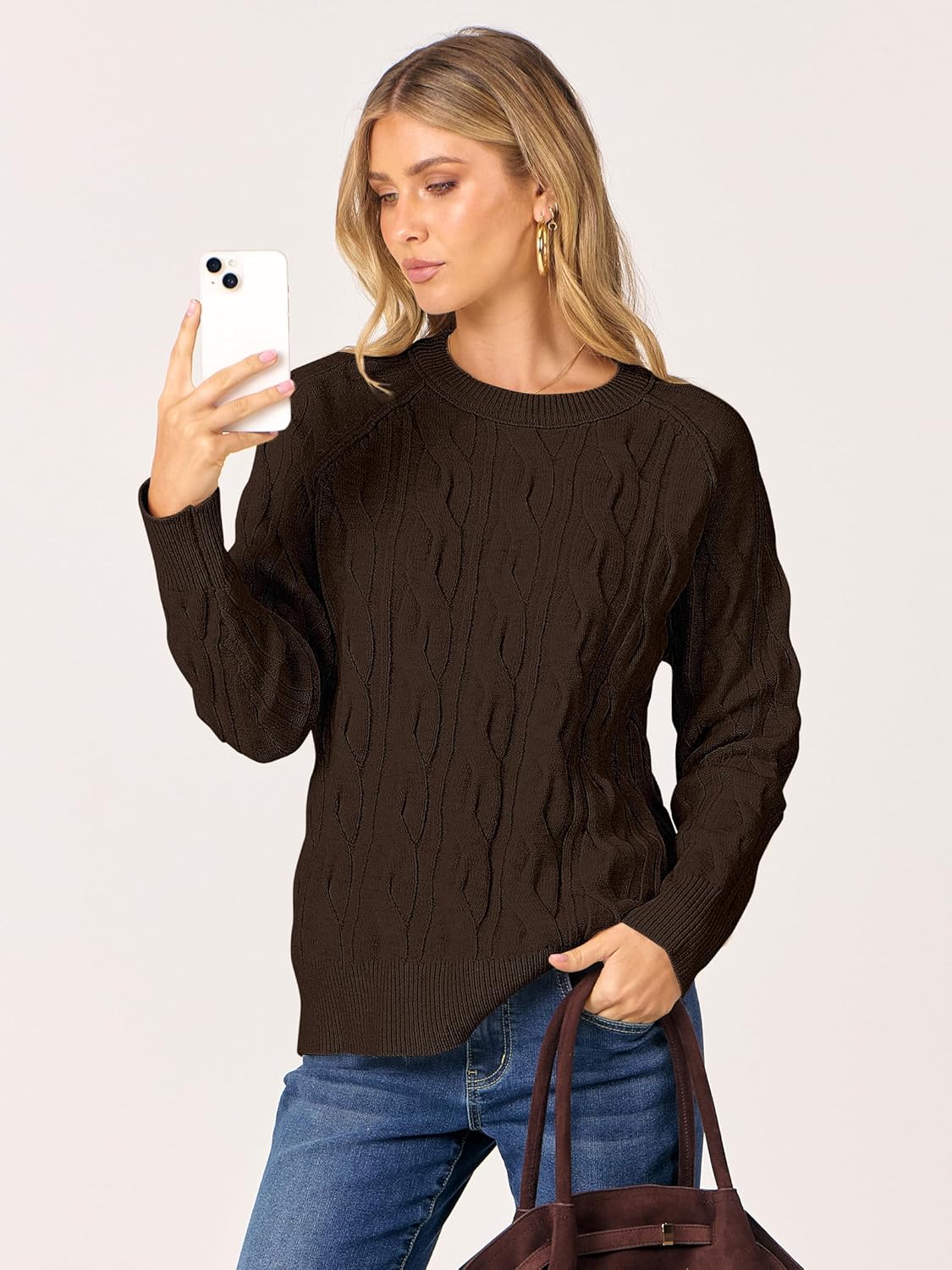 ANRABESS Sweaters for Women Long Sleeve Crewneck Cable Knit Casual Loose Pullover Tops 2025 Trendy Fall Vintage Outfits