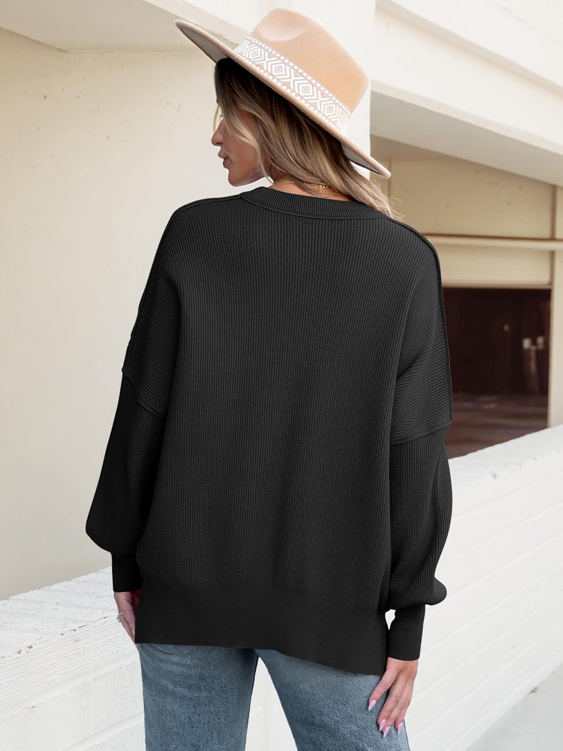 ANRABESS Women Oversized Sweaters Batwing Long Sleeve 2025 Fall Outfits Crewneck Casual Knit Side Slit Fashion Pullover Top