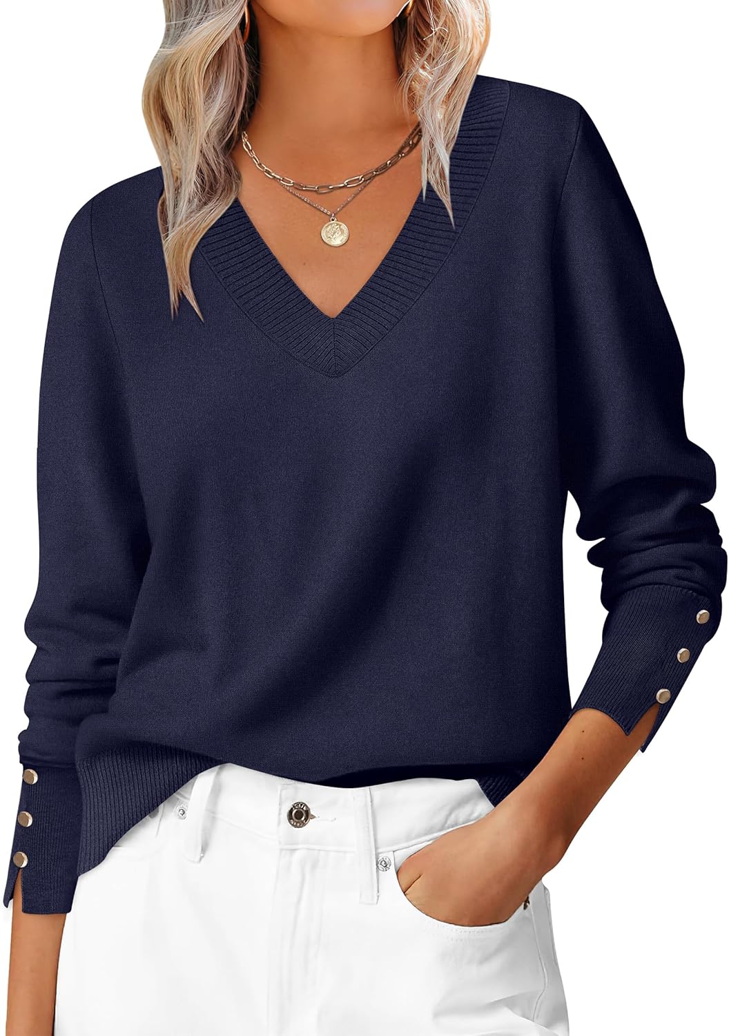 ANRABESS Sweaters for Women Long Sleeve V Neck Shirts Business Casual Work Blouses 2025 Fall Loose Knit Pullover Sweater Tops