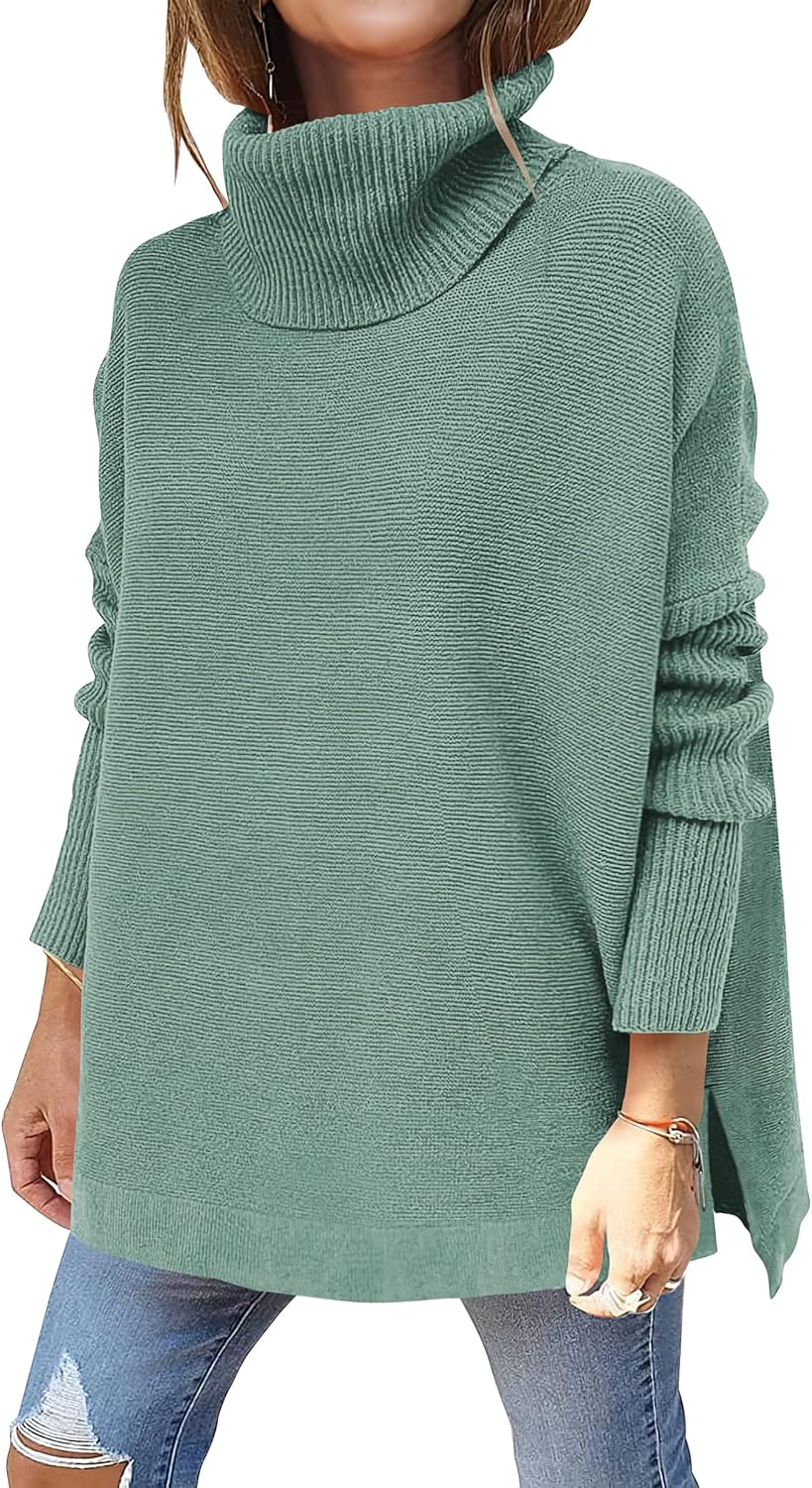 ANRABESS Women's Oversized Turtleneck Batwing Sleeve Spilt Casual Loose Knit Tunic Pullover Sweater Tops 2025 Fall Outfits