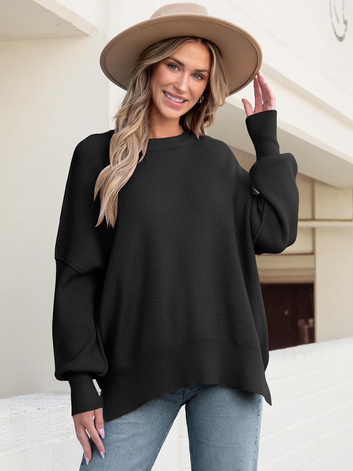 ANRABESS Women Oversized Sweaters Batwing Long Sleeve 2025 Fall Outfits Crewneck Casual Knit Side Slit Fashion Pullover Top