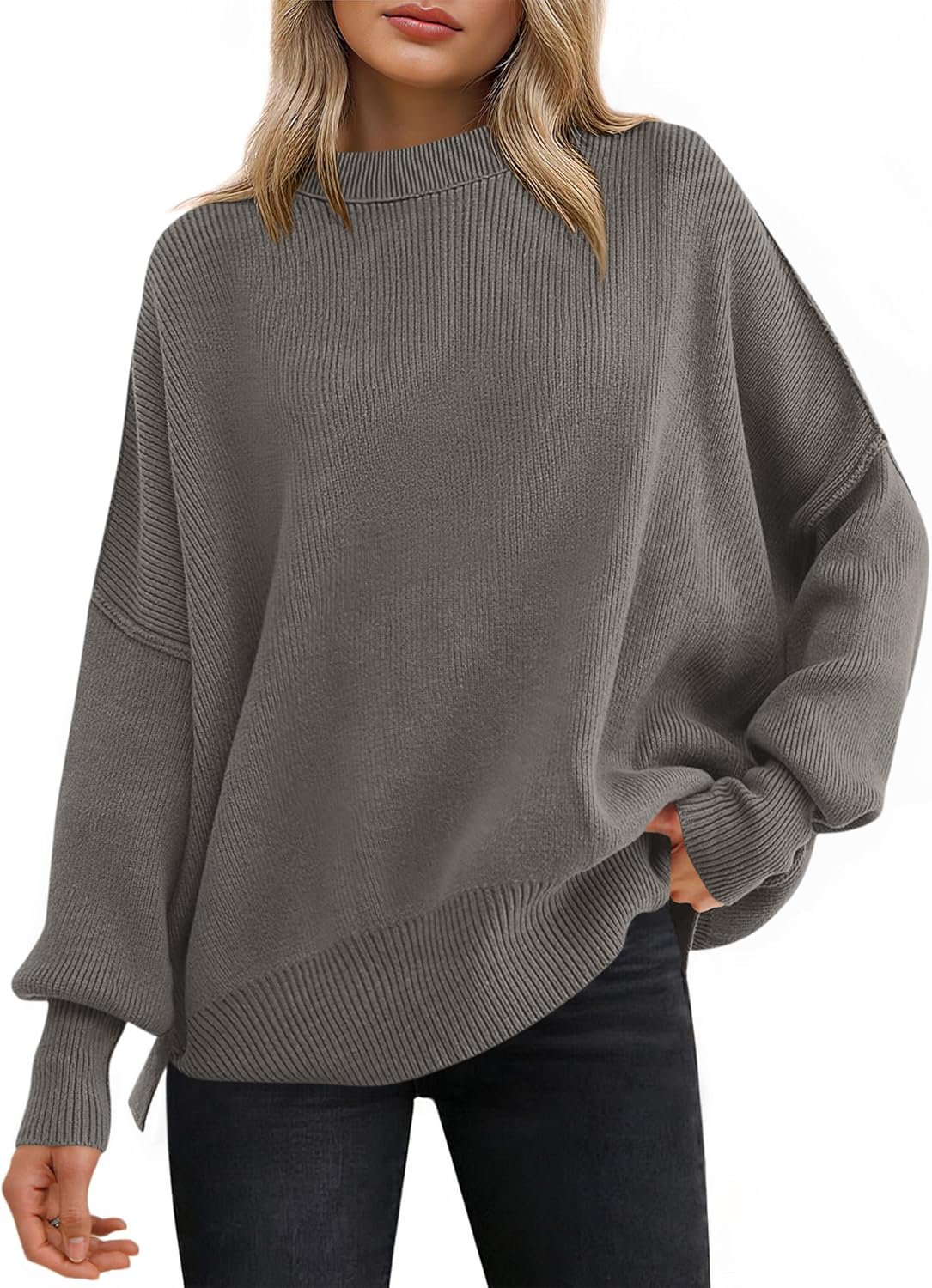 ANRABESS Women Oversized Sweaters Batwing Long Sleeve 2025 Fall Outfits Crewneck Casual Knit Side Slit Fashion Pullover Top