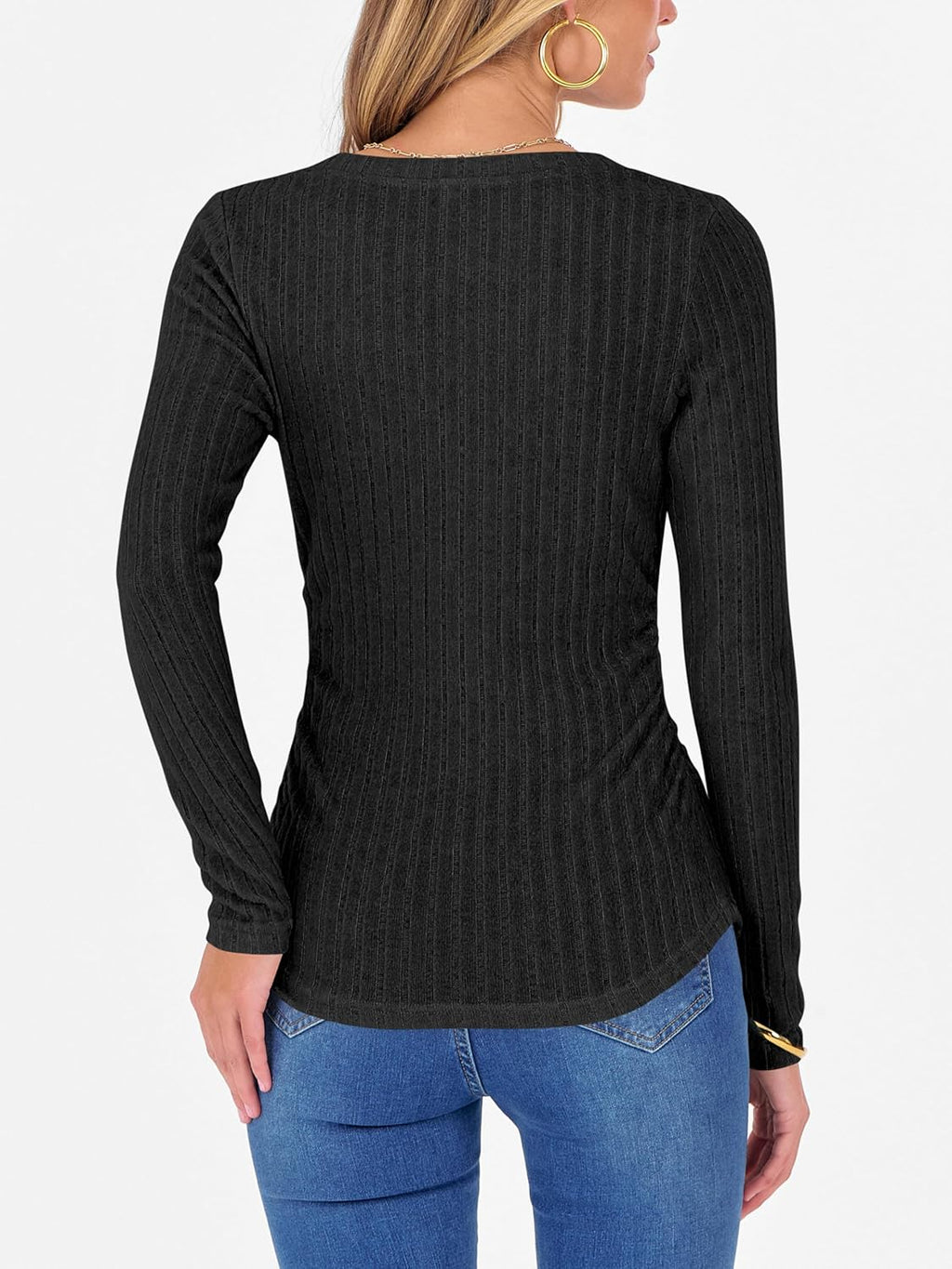 ANRABESS Womens Long Sleeve Shirts V Neck Ribbed Knit Slim Fit Lightweight Sweater 2025 Fall Dressy Casual Travel Work Tops