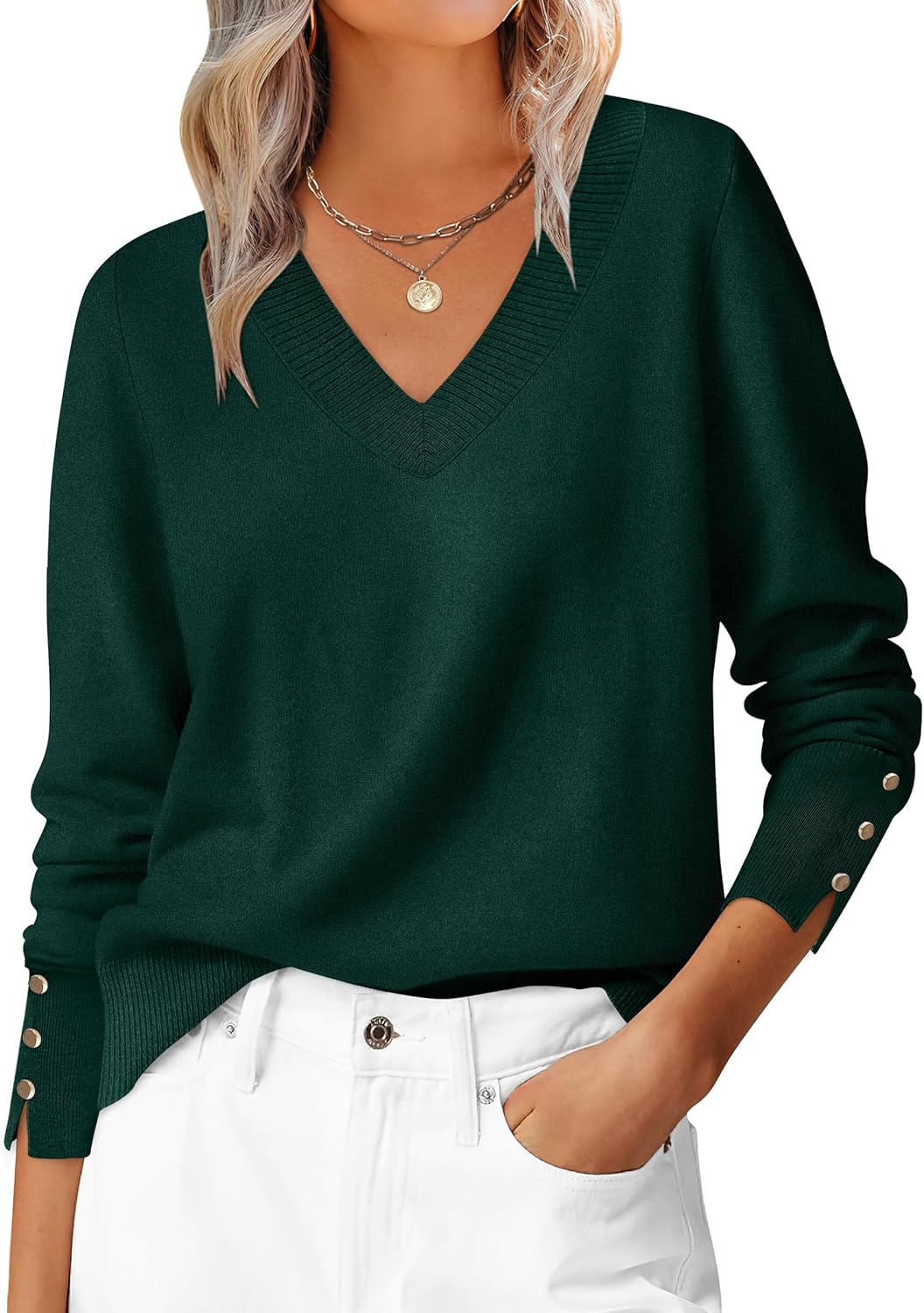 ANRABESS Sweaters for Women Long Sleeve V Neck Shirts Business Casual Work Blouses 2025 Fall Loose Knit Pullover Sweater Tops