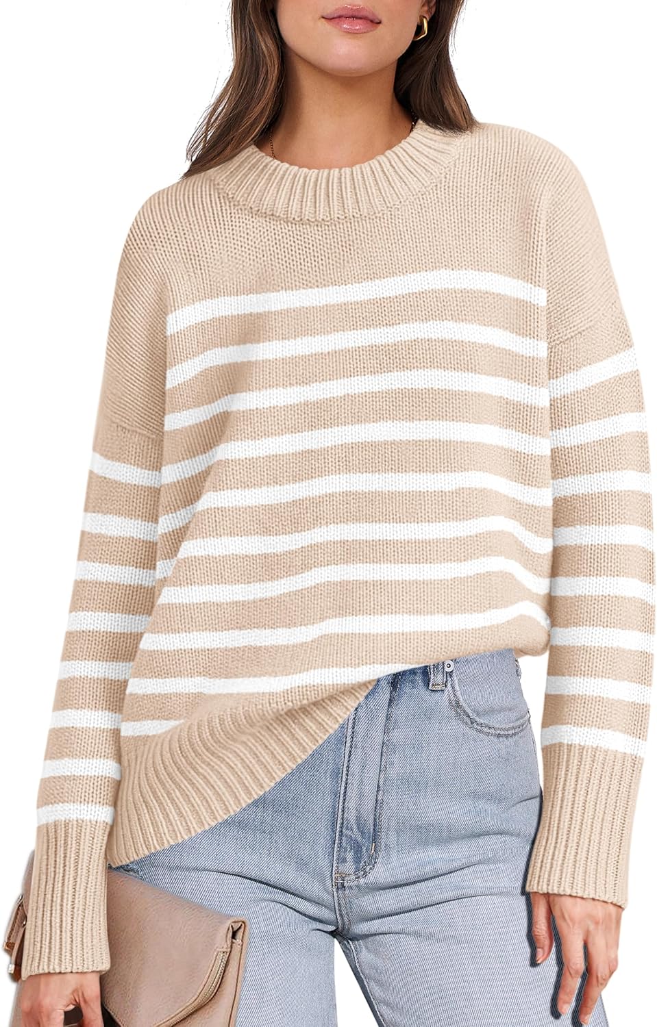 ANRABESS Women Fall Fashion Sweaters Striped Long Sleeve Crewneck Loose Fit Cozy Knit Trendy Pullover Sweater Tops Beige White Stripe Small