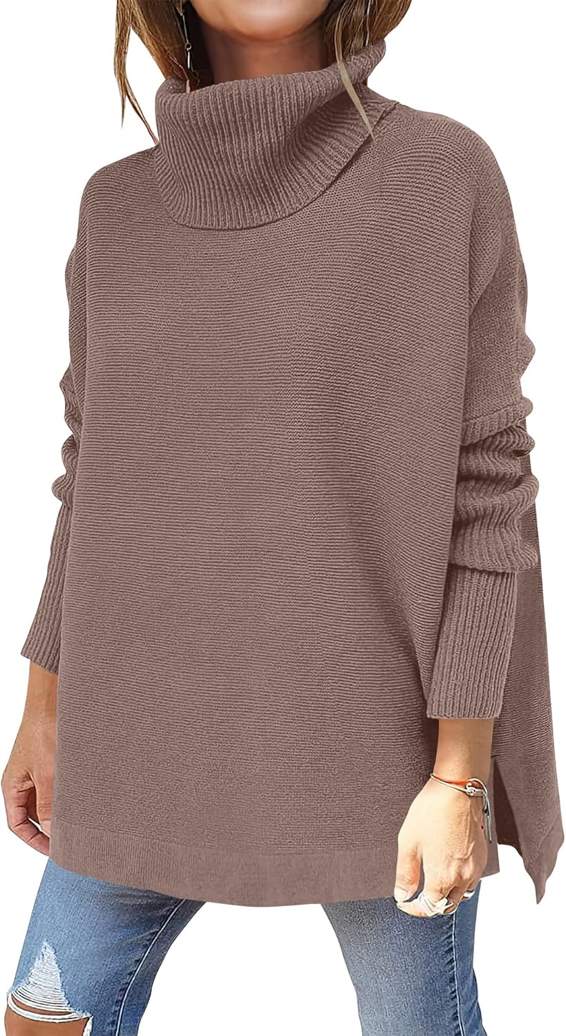 ANRABESS Women's Oversized Turtleneck Batwing Sleeve Spilt Casual Loose Knit Tunic Pullover Sweater Tops 2025 Fall Outfits