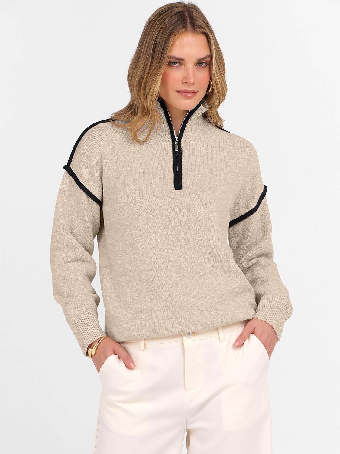 ANRABESS Womens Quarter Zip Sweaters Fall Long Sleeve V Neck Shirts Collared Business Casual Tops Knit Pullover Sweatshirts