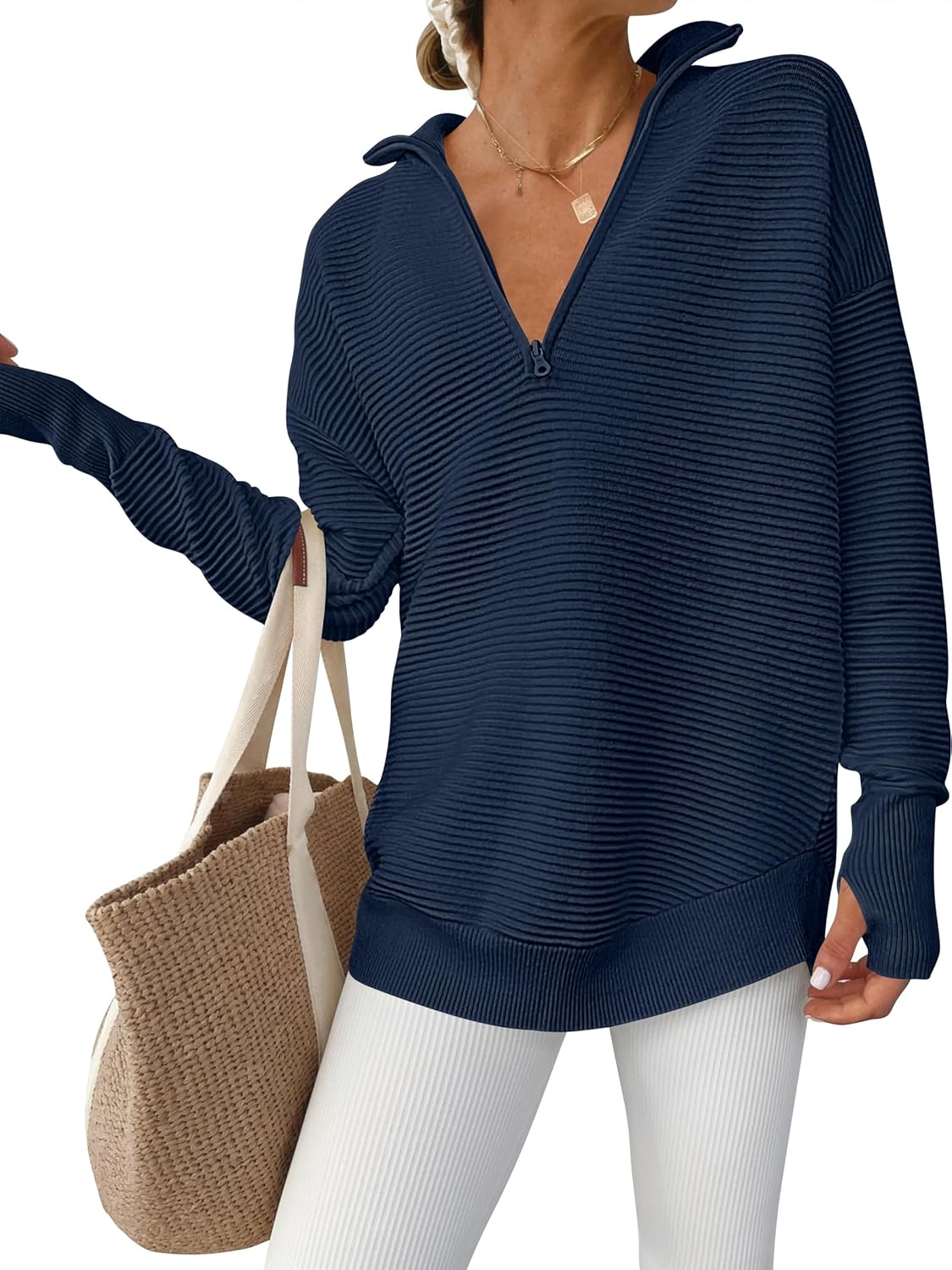 ANRABESS Womens Long Sleeve Quarter Zip Pullover Sweater Casual Loose V Neck Collared Ribbed Knit Jumper Tops Thumb Hole