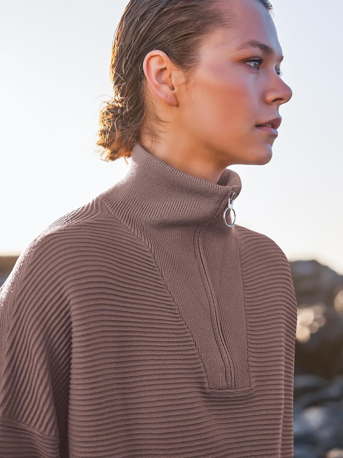 ANRABESS Women Quarter Zip Oversized Casual Loose Rib Knit Cozy Pullover Sweaters Top 2025 Fall Fashion Outfits Clothes