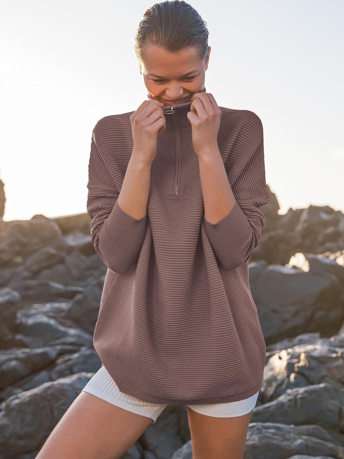 ANRABESS Women Quarter Zip Oversized Casual Loose Rib Knit Cozy Pullover Sweaters Top 2025 Fall Fashion Outfits Clothes