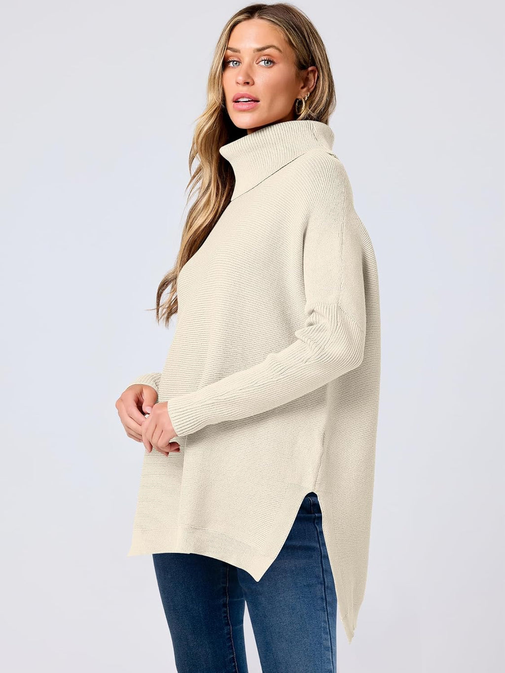 ANRABESS Women's Oversized Turtleneck Batwing Sleeve Spilt Casual Loose Knit Tunic Pullover Sweater Tops 2025 Fall Outfits