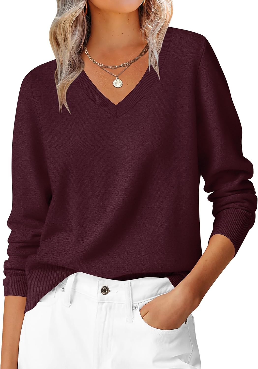 ANRABESS Womens Long Sleeve V Neck Sweaters 2025 Fall Casual Classic Soft Loose Fit Basic Pullover Jumper Top