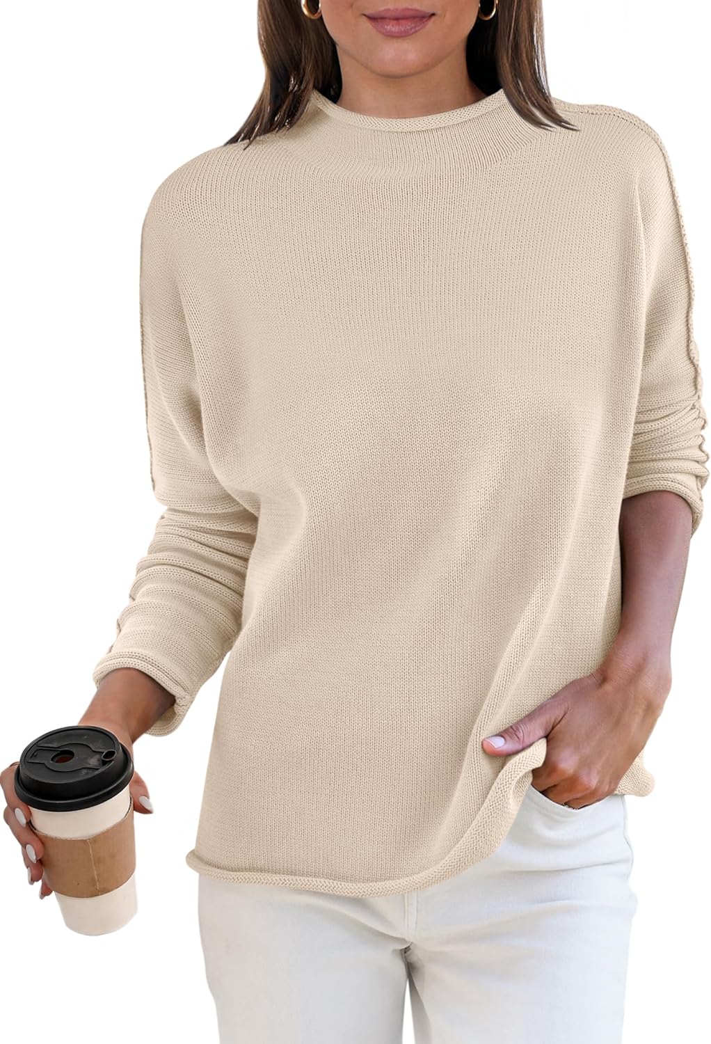 ANRABESS Women Casual Long Sleeve Mock Funnel Neck Knit Pullover Sweater Top 2025 Fall Fashion Outfits with Exposed Seam