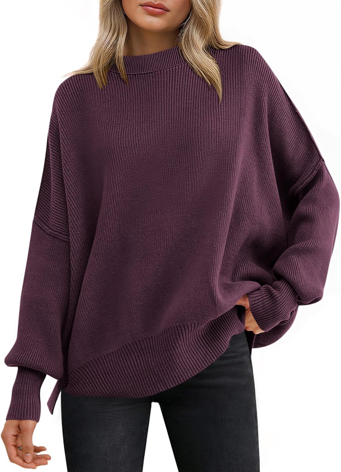 ANRABESS Women Oversized Sweaters Batwing Long Sleeve 2025 Fall Outfits Crewneck Casual Knit Side Slit Fashion Pullover Top