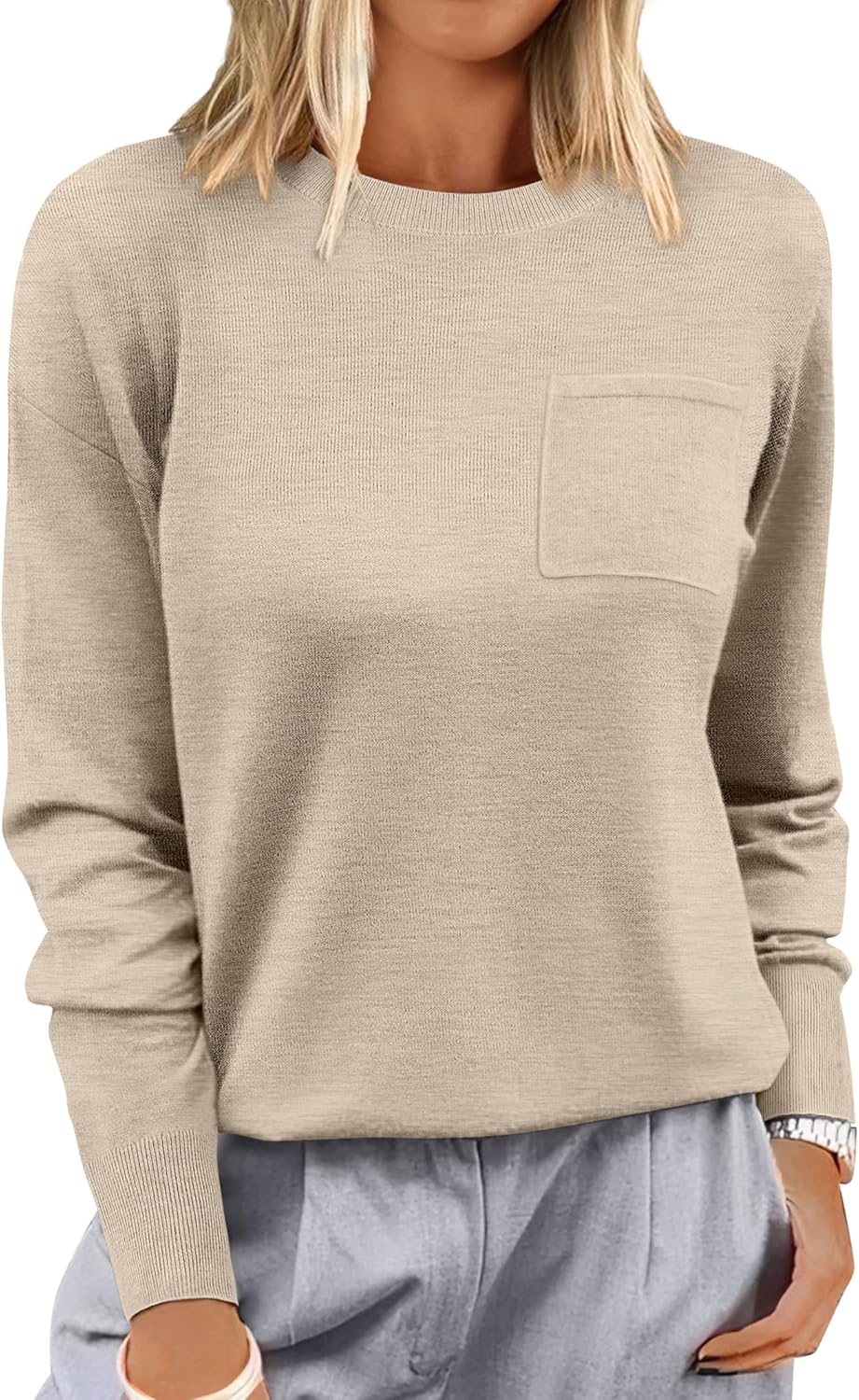 ANRABESS Oversized Sweaters for Women Casual Crewneck Knit Lightweight Chest Pocket Pullover Top 2025 Fall Travel Outfits