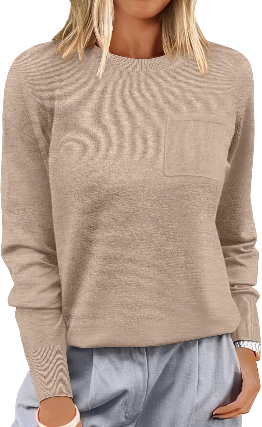 ANRABESS Oversized Sweaters for Women Casual Crewneck Knit Lightweight Chest Pocket Pullover Top 2025 Fall Travel Outfits
