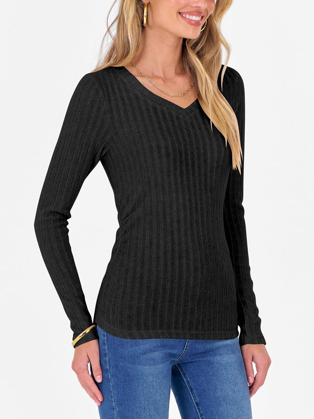ANRABESS Womens Long Sleeve Shirts V Neck Ribbed Knit Slim Fit Lightweight Sweater 2025 Fall Dressy Casual Travel Work Tops