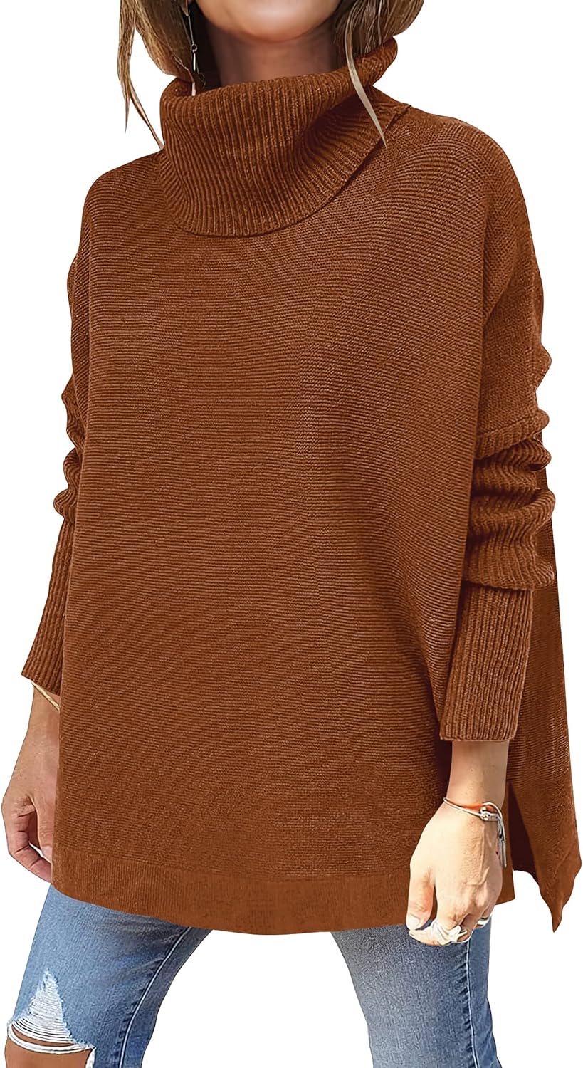 ANRABESS Women's Oversized Turtleneck Batwing Sleeve Spilt Casual Loose Knit Tunic Pullover Sweater Tops 2025 Fall Outfits