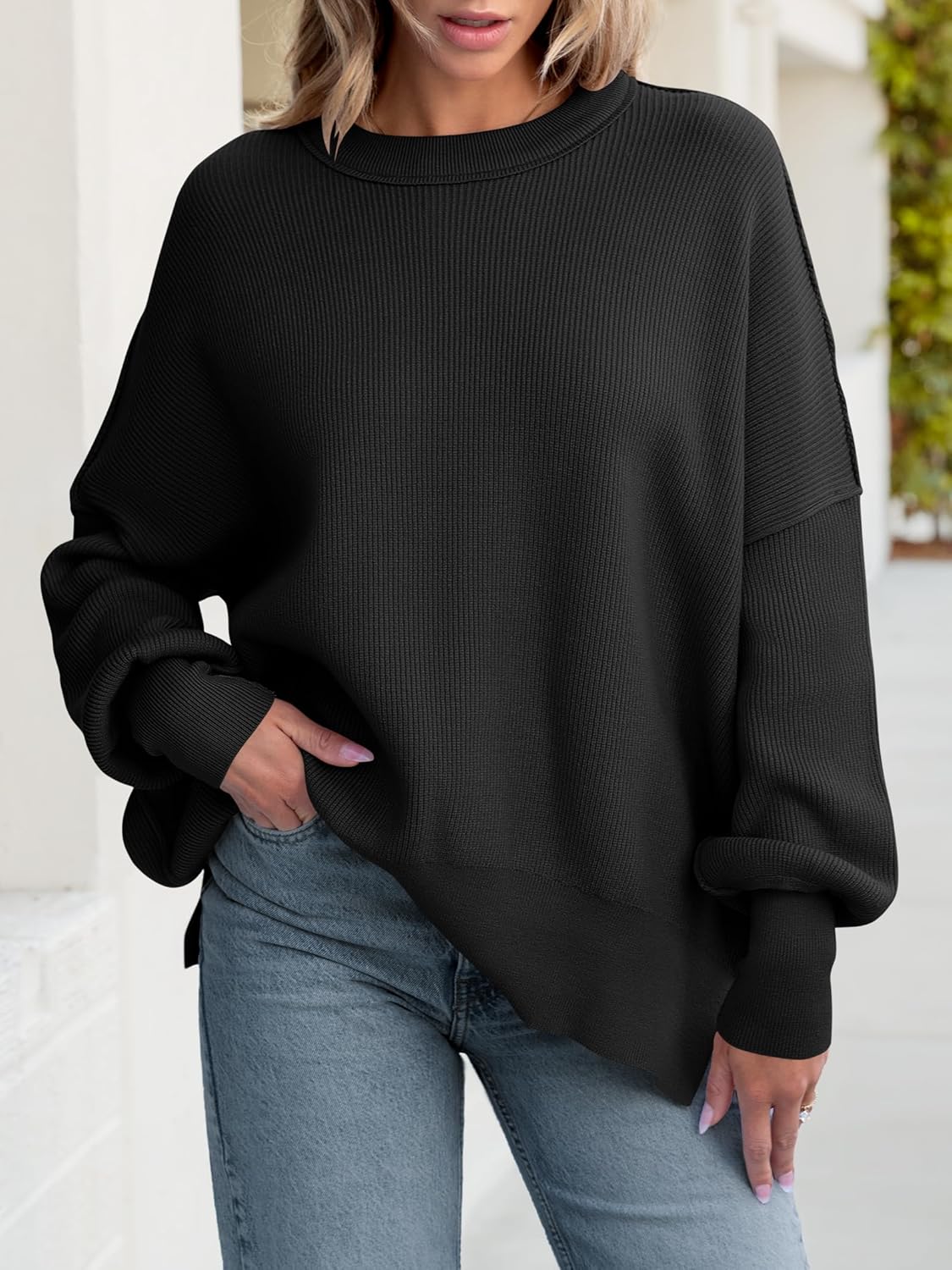 ANRABESS Women Oversized Sweaters Batwing Long Sleeve 2025 Fall Outfits Crewneck Casual Knit Side Slit Fashion Pullover Top