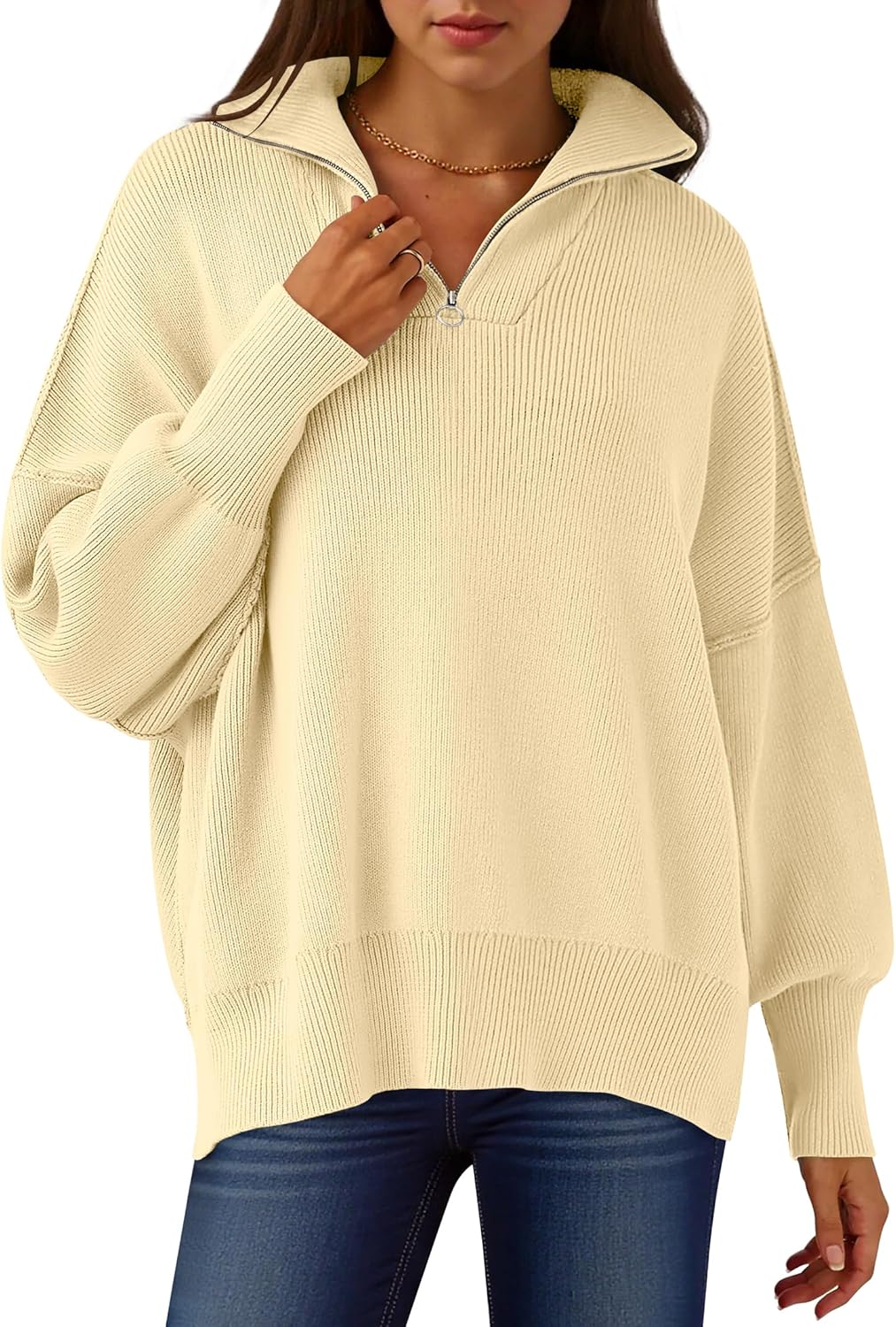 ANRABESS Women's Oversized Fashion Long Sleeve Quarter Zip Baggy Loose Slouchy Sweater Pullover Tops 2025 Fall Outfits