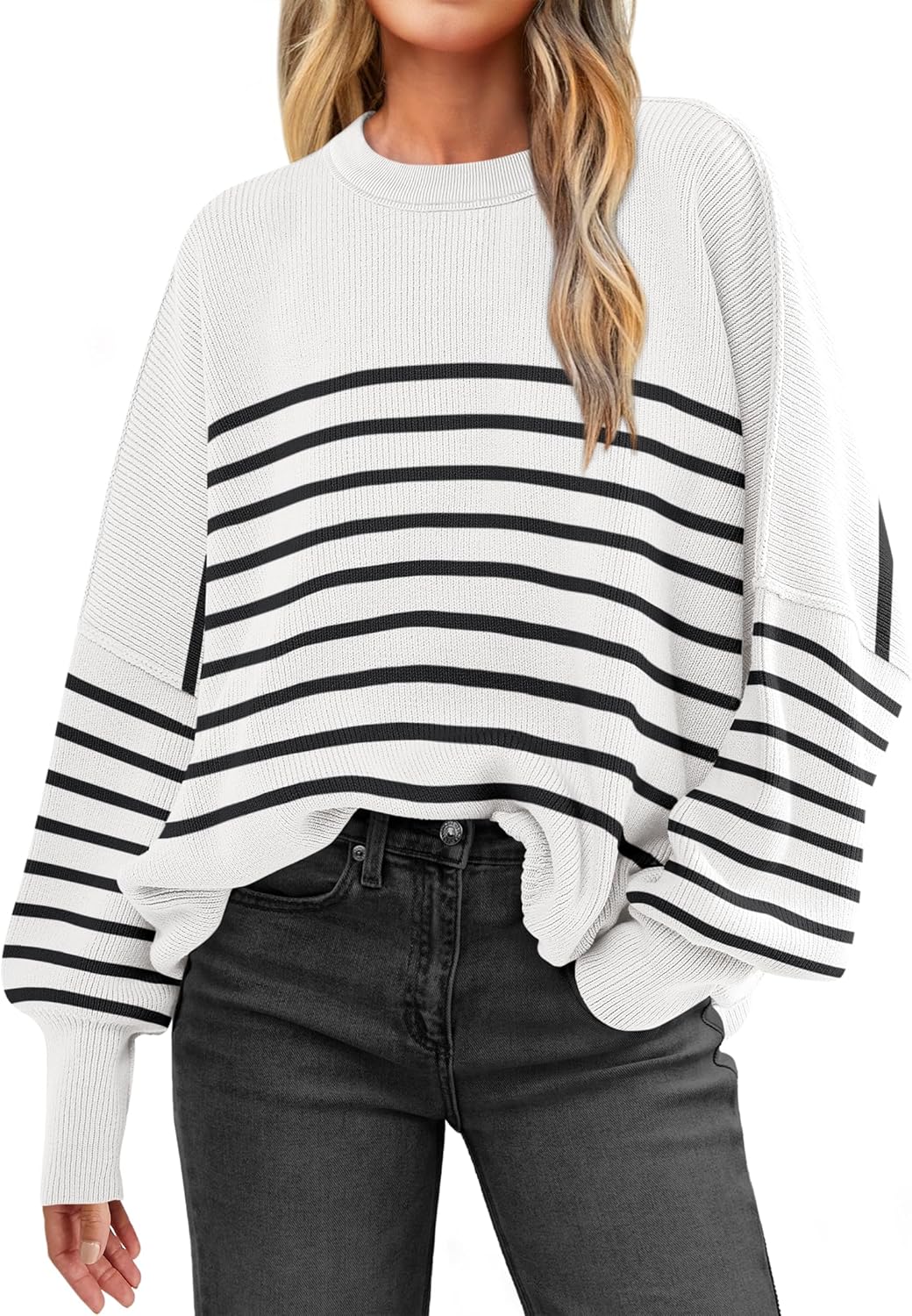 ANRABESS Womens Oversized Sweaters Fall 2025 Fashion Crewneck Batwing Long Sleeve Side Slit Knit Pullover Sweater Tops