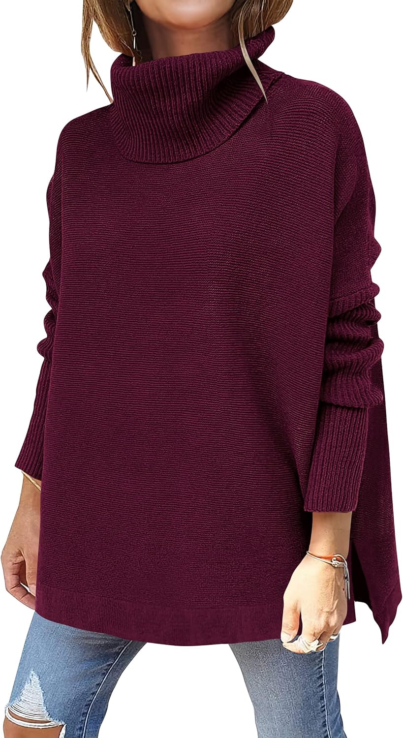 ANRABESS Women's Oversized Turtleneck Batwing Sleeve Spilt Casual Loose Knit Tunic Pullover Sweater Tops 2025 Fall Outfits