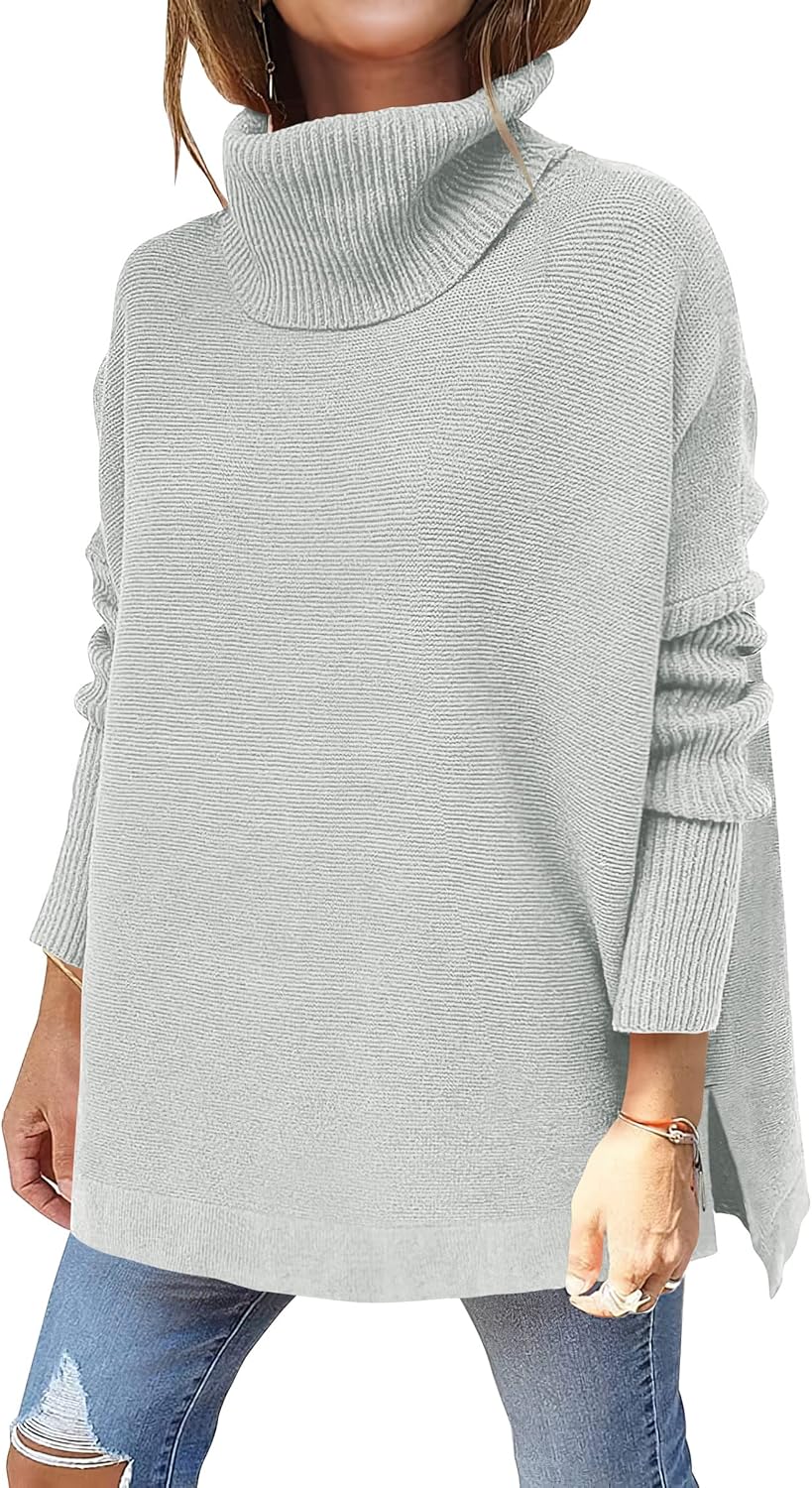 ANRABESS Women's Oversized Turtleneck Batwing Sleeve Spilt Casual Loose Knit Tunic Pullover Sweater Tops 2025 Fall Outfits