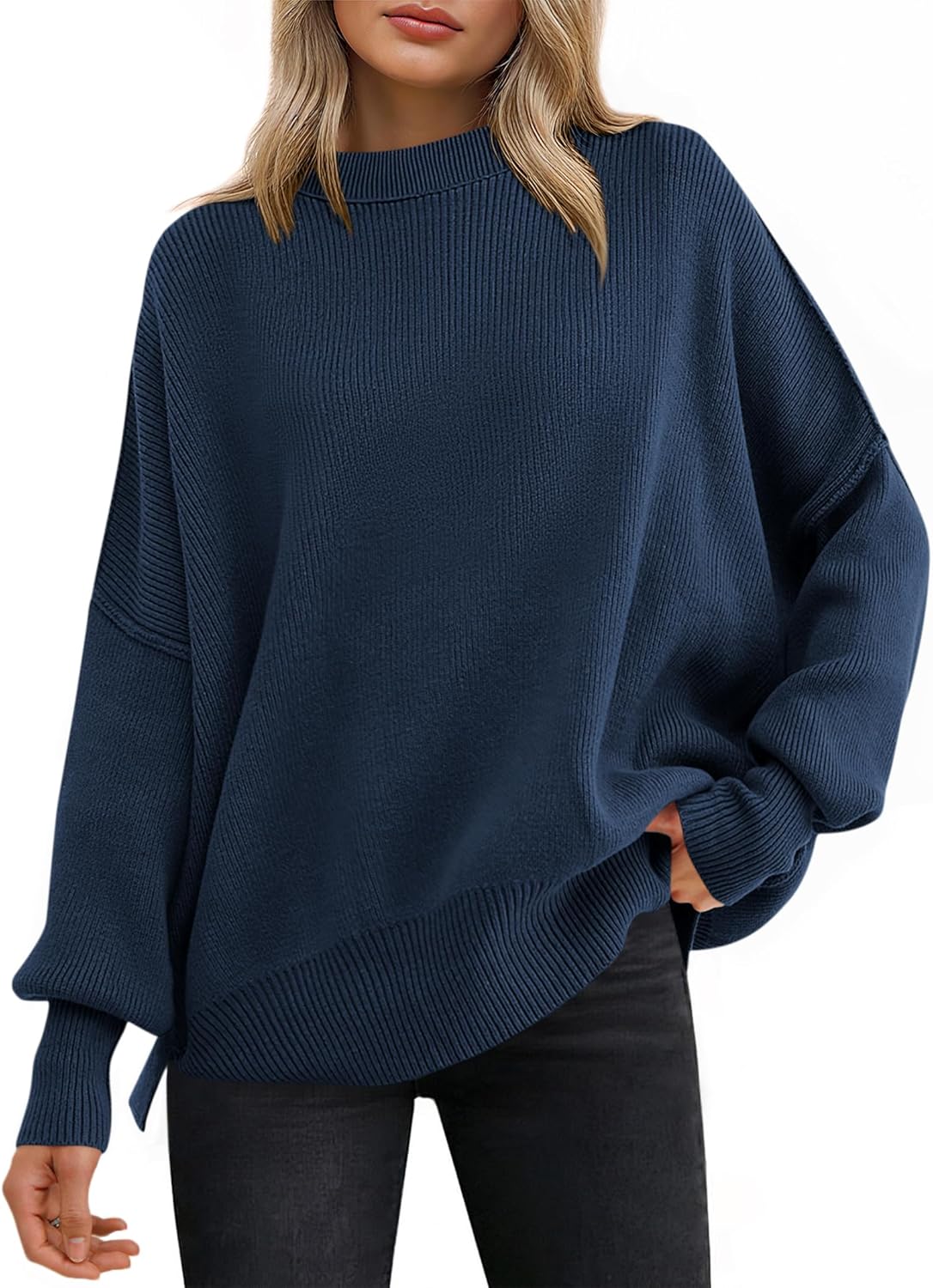ANRABESS Women Oversized Sweaters Batwing Long Sleeve 2025 Fall Outfits Crewneck Casual Knit Side Slit Fashion Pullover Top
