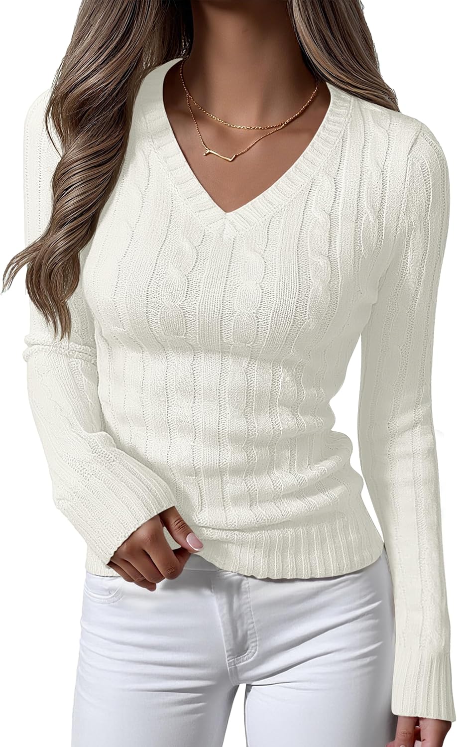 ANRABESS Womens Long Sleeve Cable Knit Sweater 2025 Fall Fashion V Neck Fitted Pullover Top Business Casual Work Fall Outfits