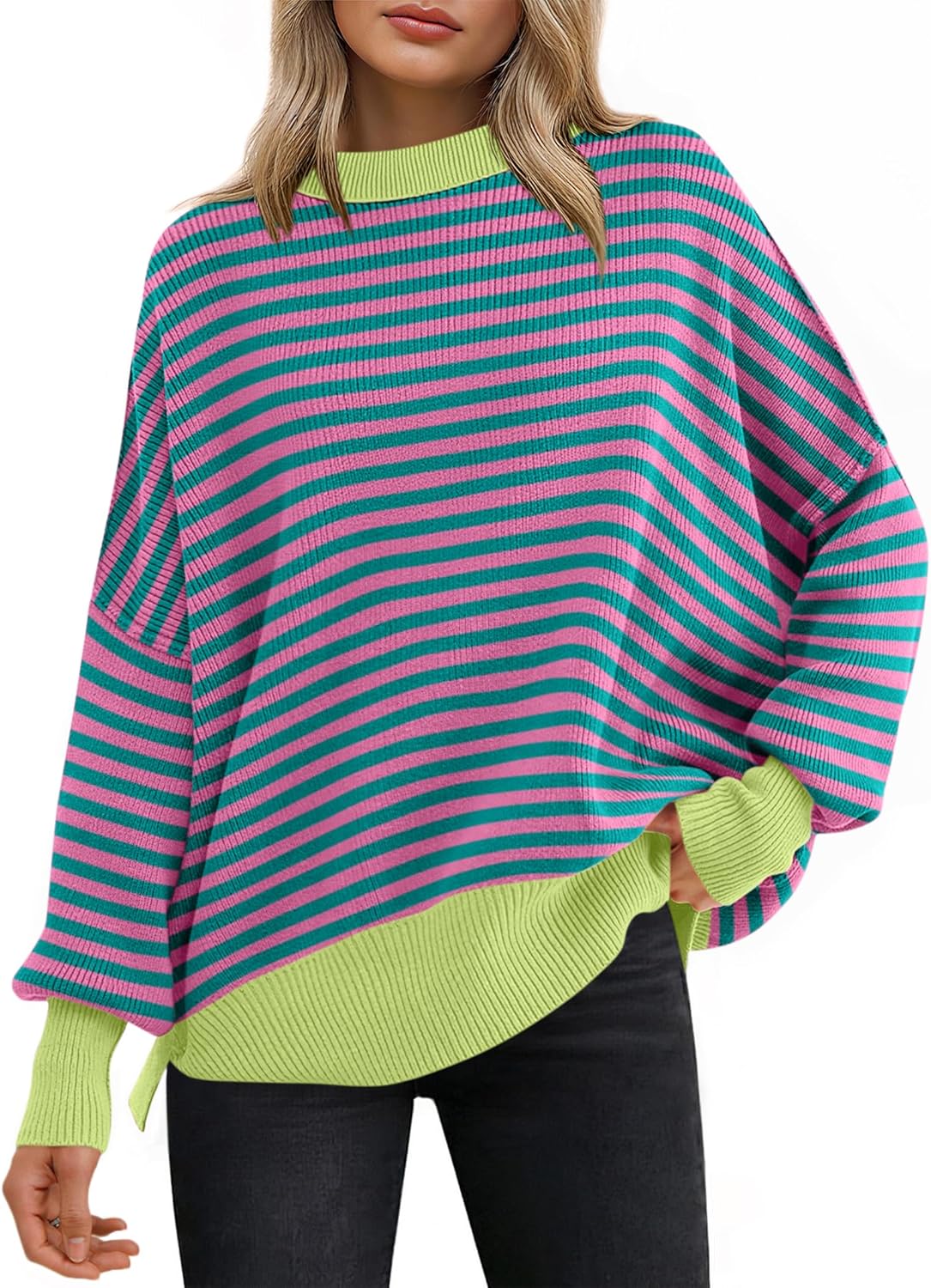 ANRABESS Women Oversized Sweaters Batwing Long Sleeve 2025 Fall Outfits Crewneck Casual Knit Side Slit Fashion Pullover Top