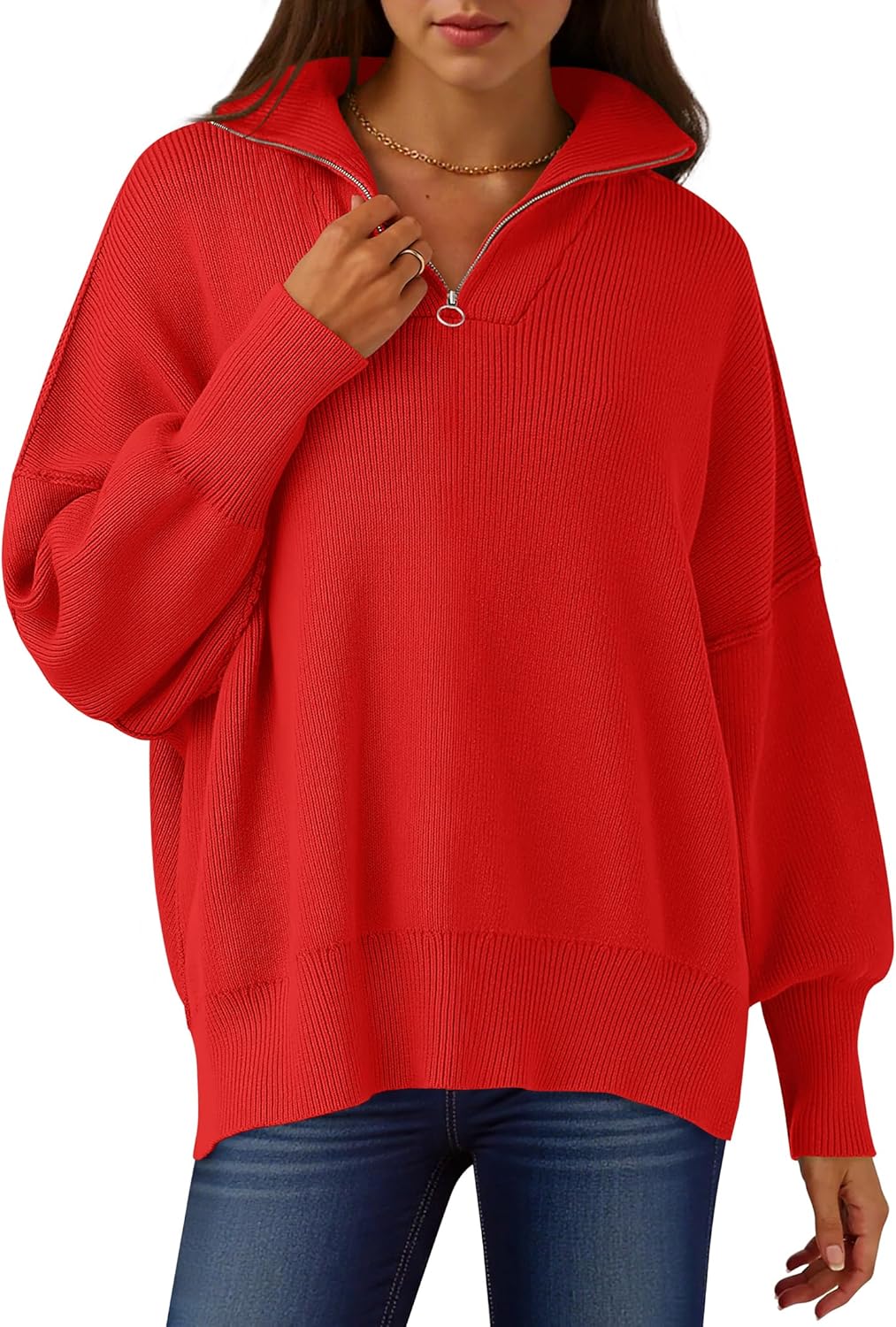 ANRABESS Women's Oversized Fashion Long Sleeve Quarter Zip Baggy Loose Slouchy Sweater Pullover Tops 2025 Fall Outfits