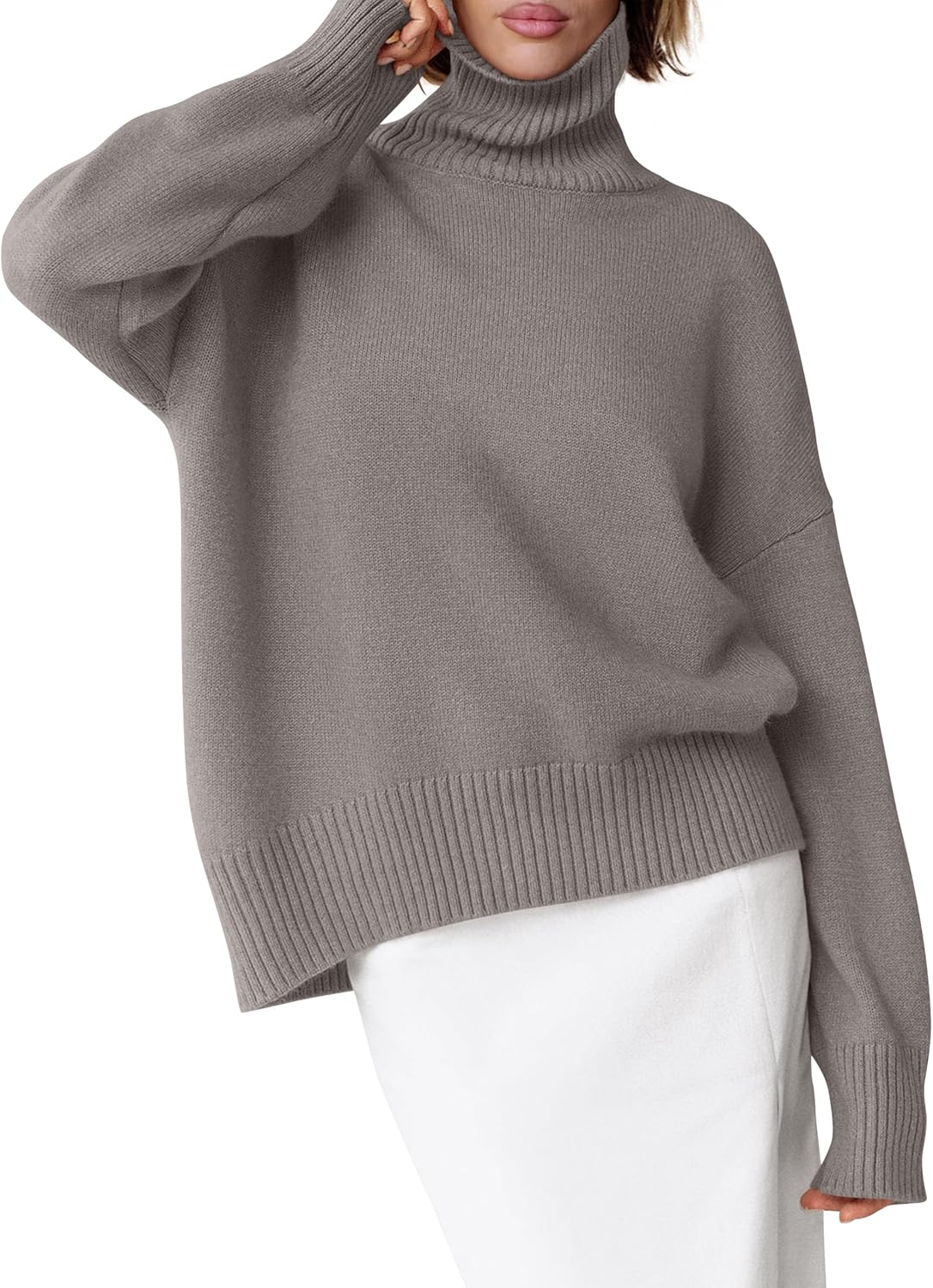 ANRABESS Womens Turtleneck Sweaters Oversized Chunky Long Sleeve Knit High Low Hem Pullover Top 2025 Fall Winter Fashion