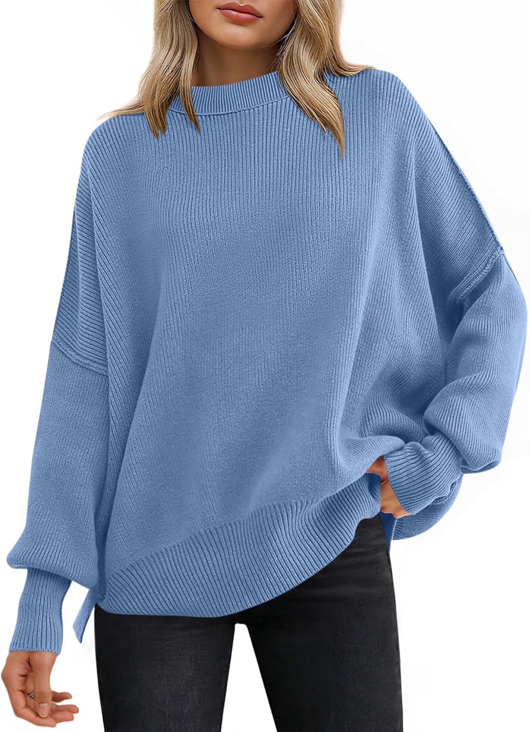 ANRABESS Women Oversized Sweaters Batwing Long Sleeve 2025 Fall Outfits Crewneck Casual Knit Side Slit Fashion Pullover Top