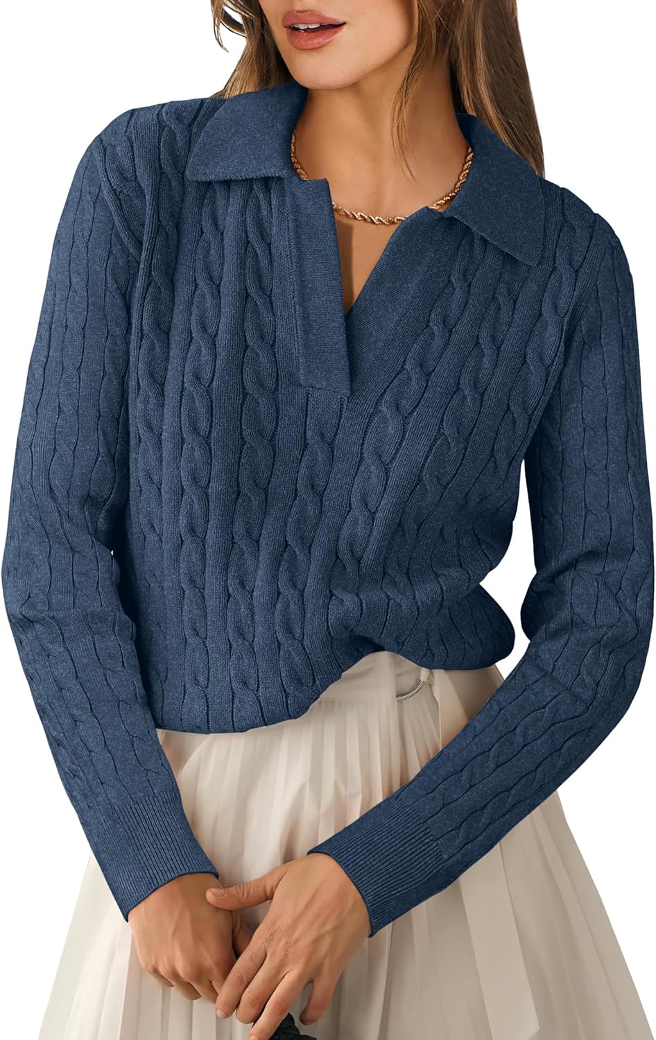 ANRABESS Womens Cable Knit Sweaters Long Sleeve V Neck Sweater Tops Casual Pullover Polo Shirts 2025 Fall Fashion Outfits