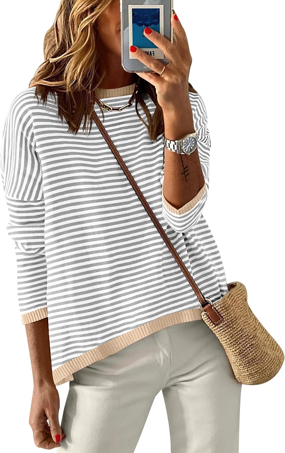 ANRABESS Womens Striped Sweaters Long Sleeve Top Crewneck Color Block Casual Loose Knitted Pullover Shirts 2025 Fall Outfits