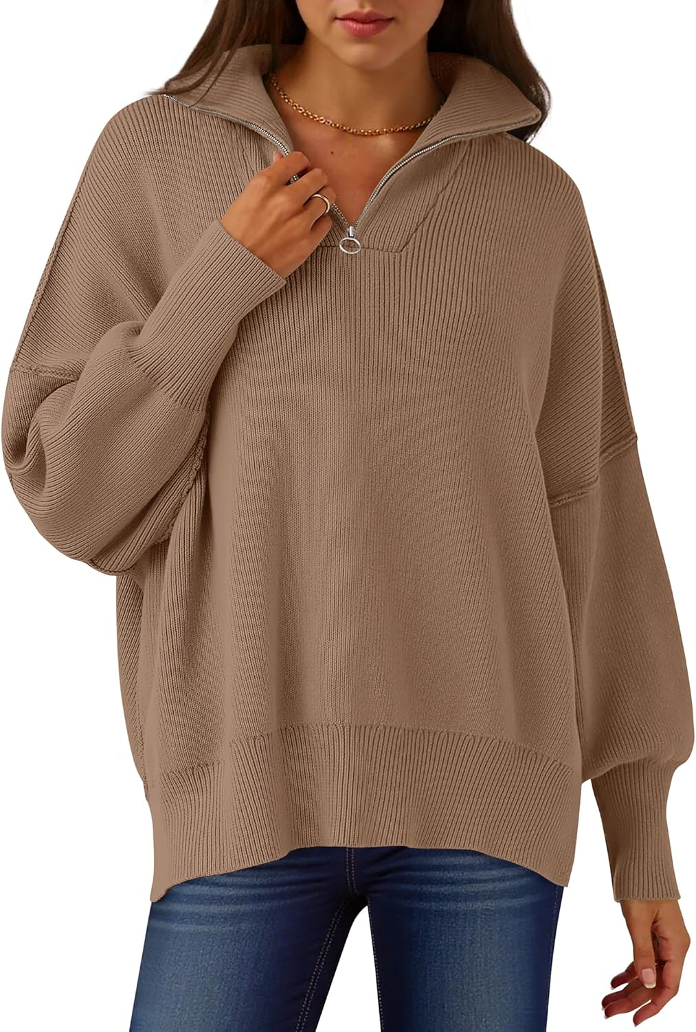 ANRABESS Women's Oversized Fashion Long Sleeve Quarter Zip Baggy Loose Slouchy Sweater Pullover Tops 2025 Fall Outfits
