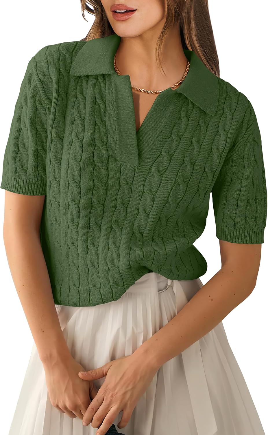 ANRABESS Women's Short Sleeve Sweaters Tops Polo V Neck Cable Knit Casual Soft Pullover Shirts 2025 Summer Outfits