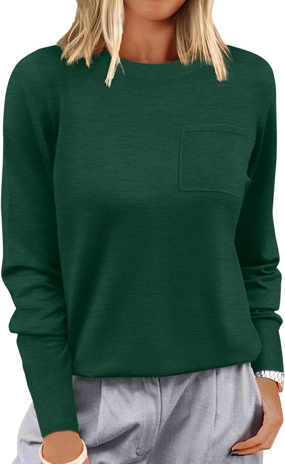 ANRABESS Oversized Sweaters for Women Casual Crewneck Knit Lightweight Chest Pocket Pullover Top 2025 Fall Travel Outfits