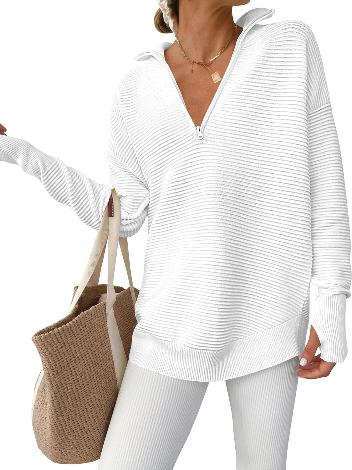 ANRABESS Womens Long Sleeve Quarter Zip Pullover Sweater Casual Loose V Neck Collared Ribbed Knit Jumper Tops Thumb Hole