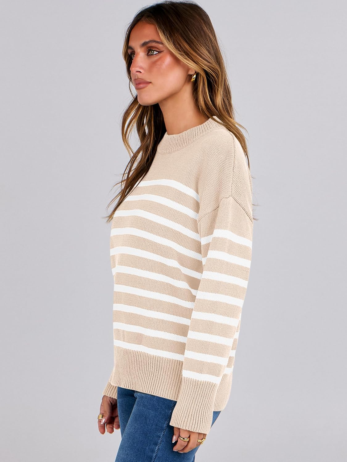 ANRABESS Women Fall Fashion Sweaters Striped Long Sleeve Crewneck Loose Fit Cozy Knit Trendy Pullover Sweater Tops Beige White Stripe Small