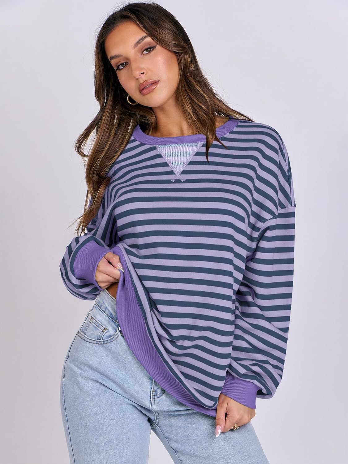 ANRABESS Women Striped Sweatshirts Oversized Crewneck Long Sleeve Shirts Y2K Pullover Top 2025 Fall Outfits Fashion Clothes