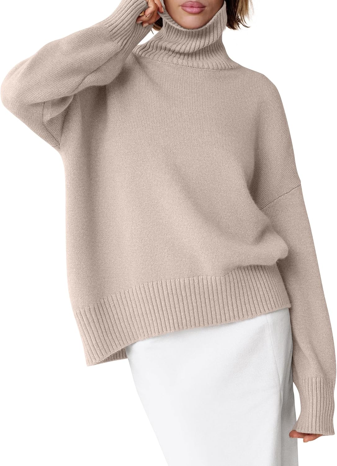 ANRABESS Womens Turtleneck Sweaters Oversized Chunky Long Sleeve Knit High Low Hem Pullover Top 2025 Fall Winter Fashion