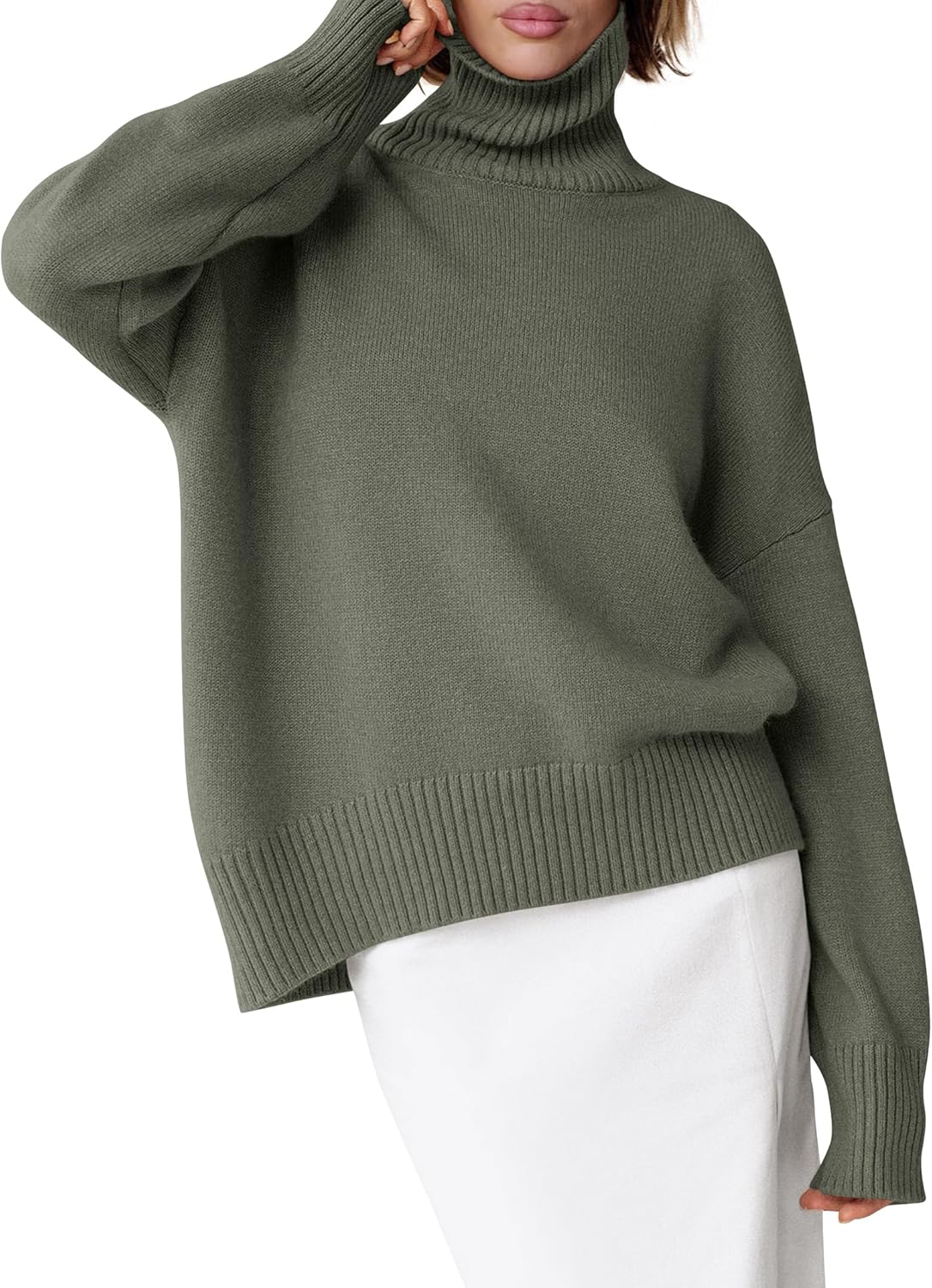 ANRABESS Womens Turtleneck Sweaters Oversized Chunky Long Sleeve Knit High Low Hem Pullover Top 2025 Fall Winter Fashion