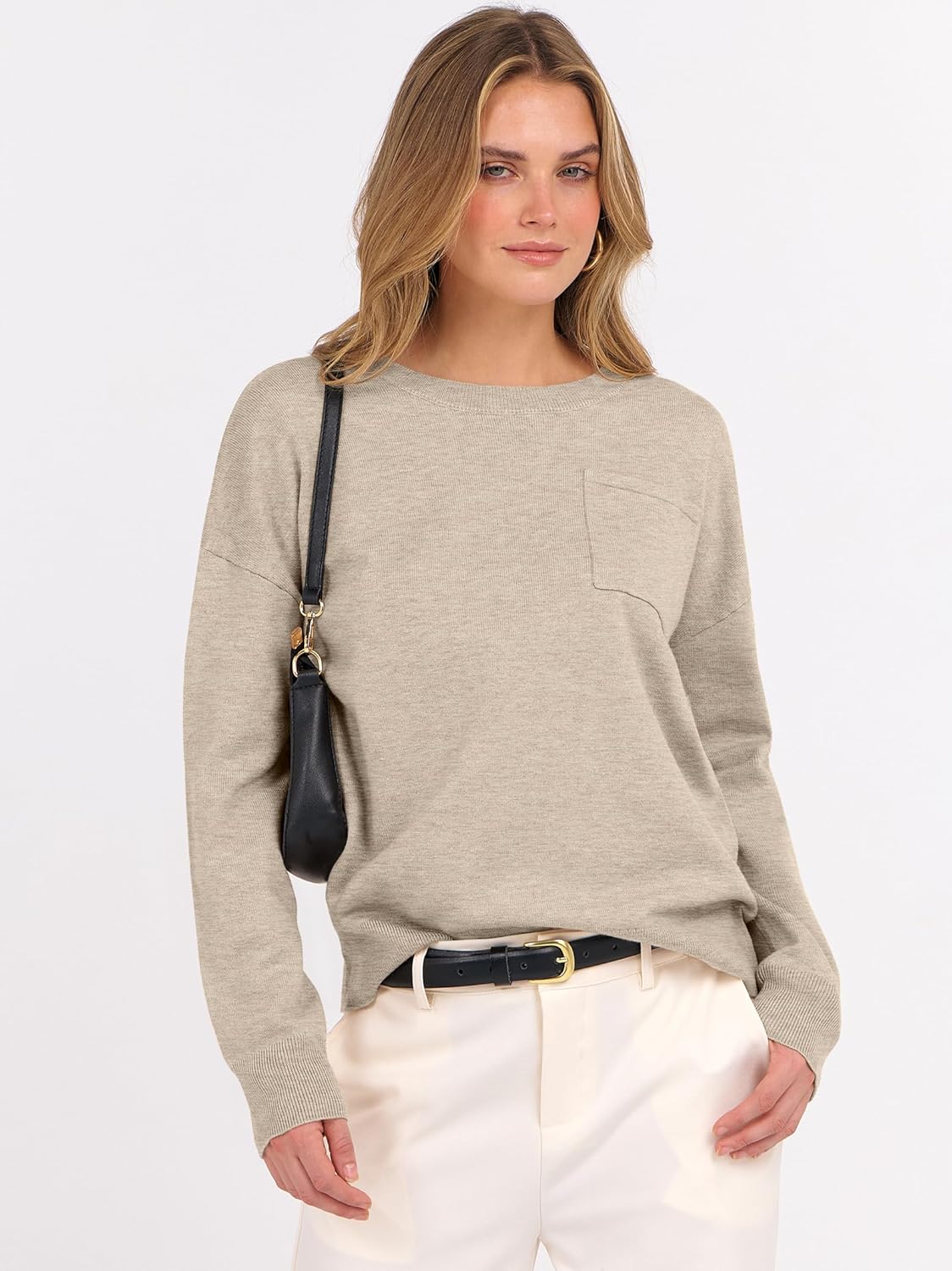 ANRABESS Oversized Sweaters for Women Casual Crewneck Knit Lightweight Chest Pocket Pullover Top 2025 Fall Travel Outfits