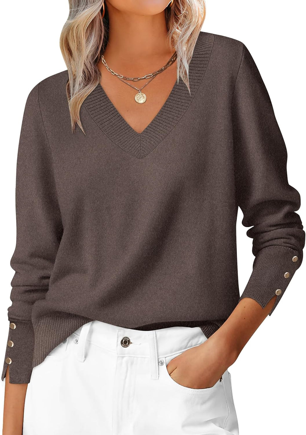 ANRABESS Sweaters for Women Long Sleeve V Neck Shirts Business Casual Work Blouses 2025 Fall Loose Knit Pullover Sweater Tops
