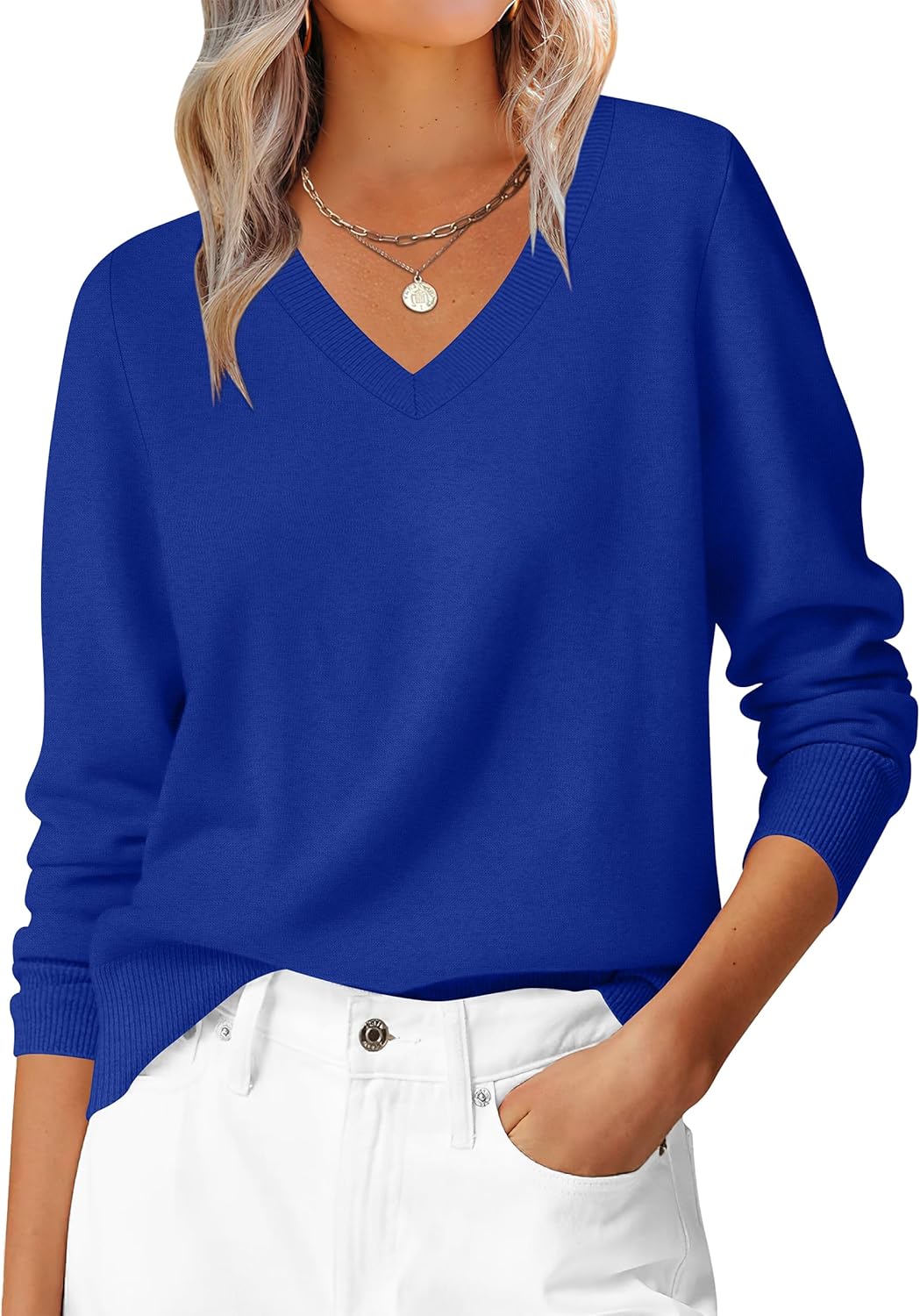 ANRABESS Womens Long Sleeve V Neck Sweaters 2025 Fall Casual Classic Soft Loose Fit Basic Pullover Jumper Top