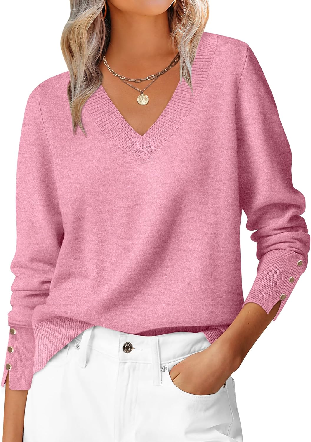 ANRABESS Sweaters for Women Long Sleeve V Neck Shirts Business Casual Work Blouses 2025 Fall Loose Knit Pullover Sweater Tops
