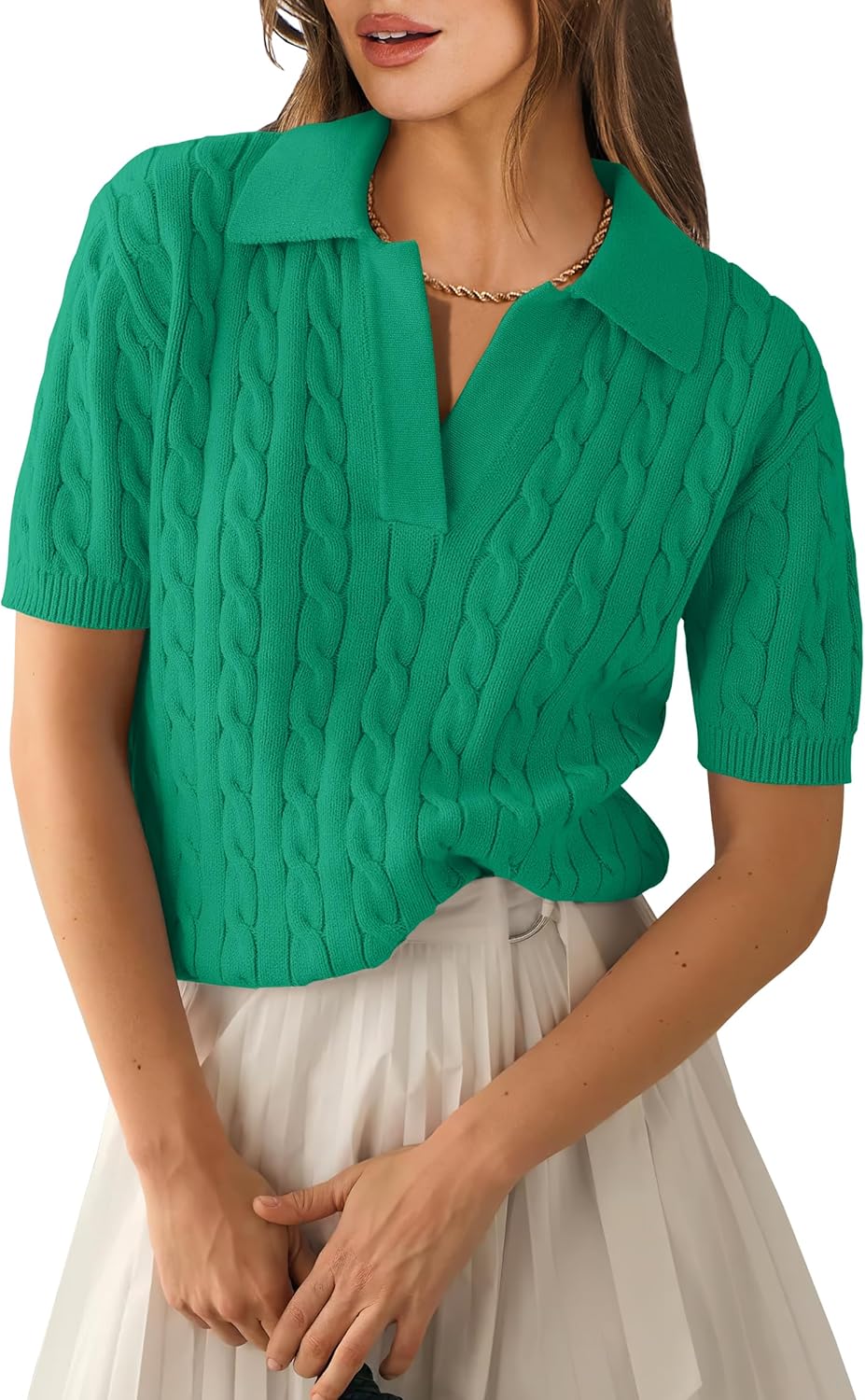 ANRABESS Women's Short Sleeve Sweaters Tops Polo V Neck Cable Knit Casual Soft Pullover Shirts 2025 Summer Outfits