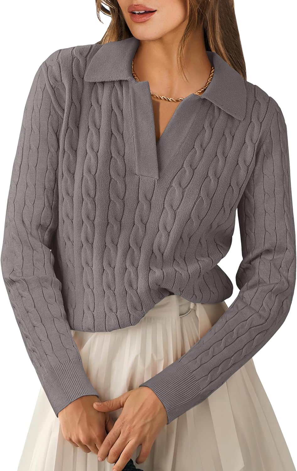 ANRABESS Womens Cable Knit Sweaters Long Sleeve V Neck Sweater Tops Casual Pullover Polo Shirts 2025 Fall Fashion Outfits